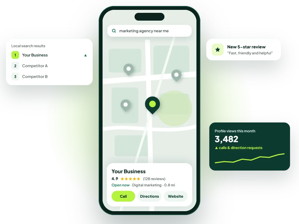 Smartphone local search results with a business ranking first on the map, showing online visibility by Twastia.io