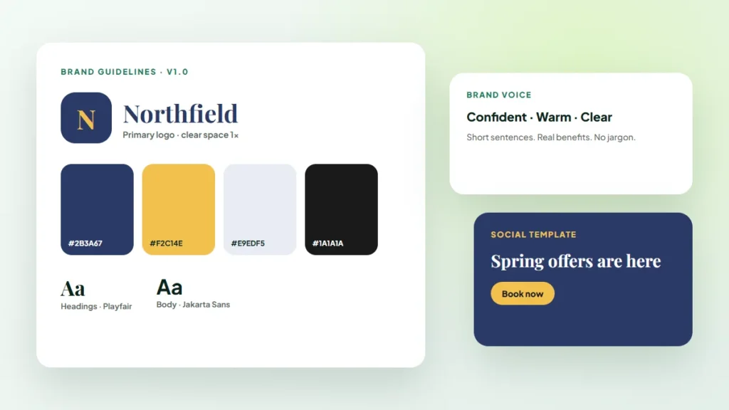 Brand guidelines pages with logo variations, color swatches and typography samples laid out on a desk