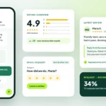 Review request by text and email, a 4.9-star rating overview and a five-star customer review with the owner's reply