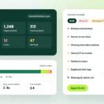 Technical SEO audit dashboard with an 86 site health score, crawl report status codes and a list of issues to fix