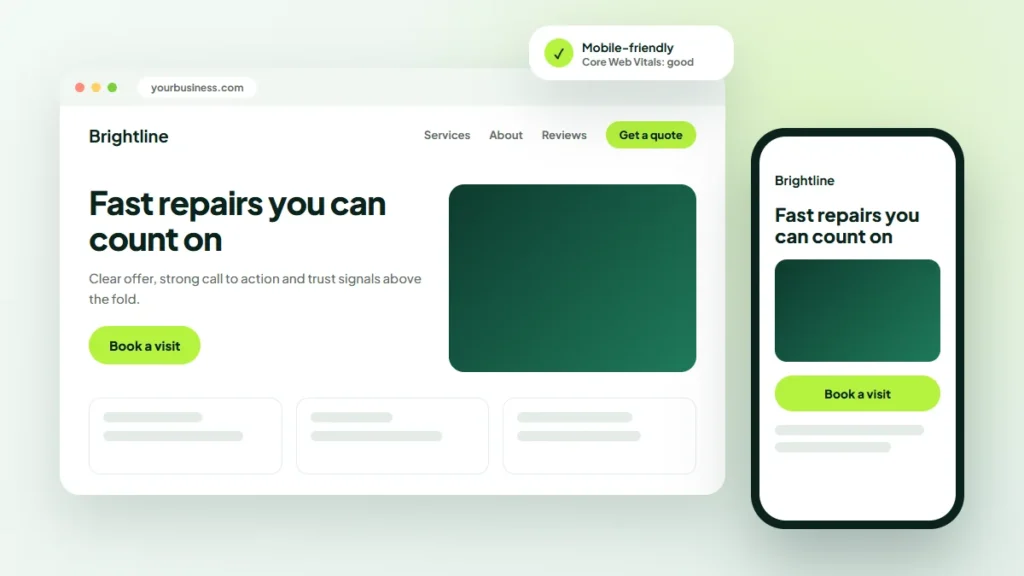 Web designer comparing old and new responsive website layouts on a laptop and smartphone